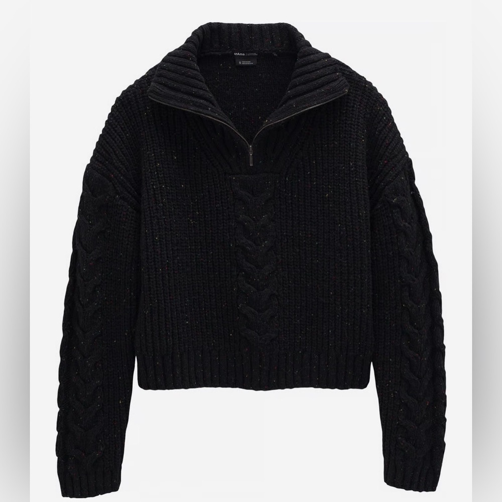 Prana Black Cable Knit laurel quarter zip wool silk recycled Sweater Size xl